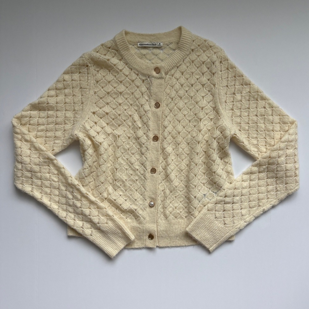 Abercrombie & Fitch Cream Pointelle Knit Cardigan Gold Pearl Button Sweater M